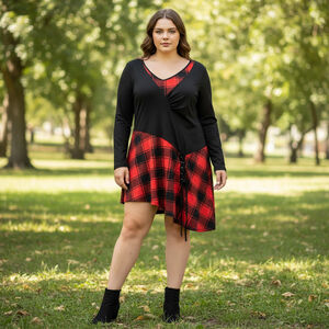 Women's Long Sleeve Dress Plus XXL Black Red Plaid